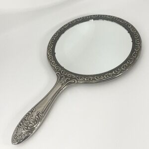 Antique Vintage Beautiful Silver Plated Ornate Vanity Hand Held Mirror Heavy